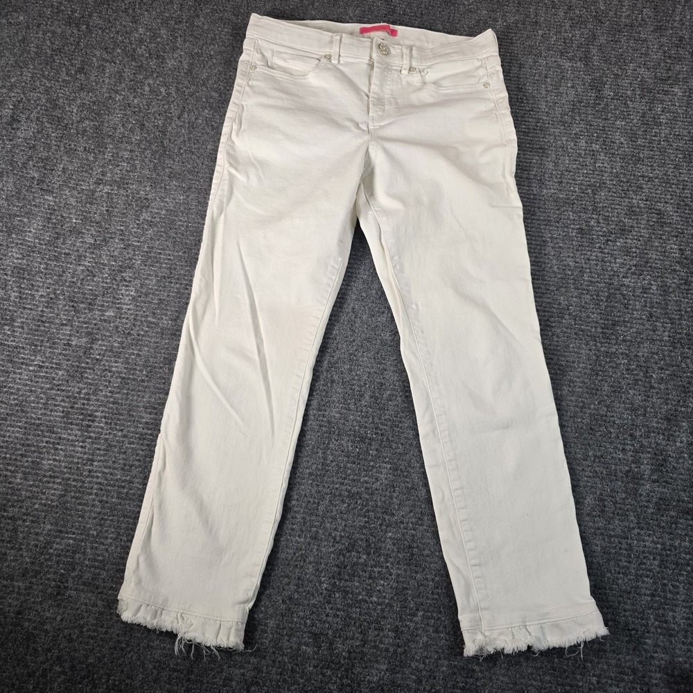 Lilly Pulitzer jeans size 10 white stretchy denim EC high rise skinny raw hem